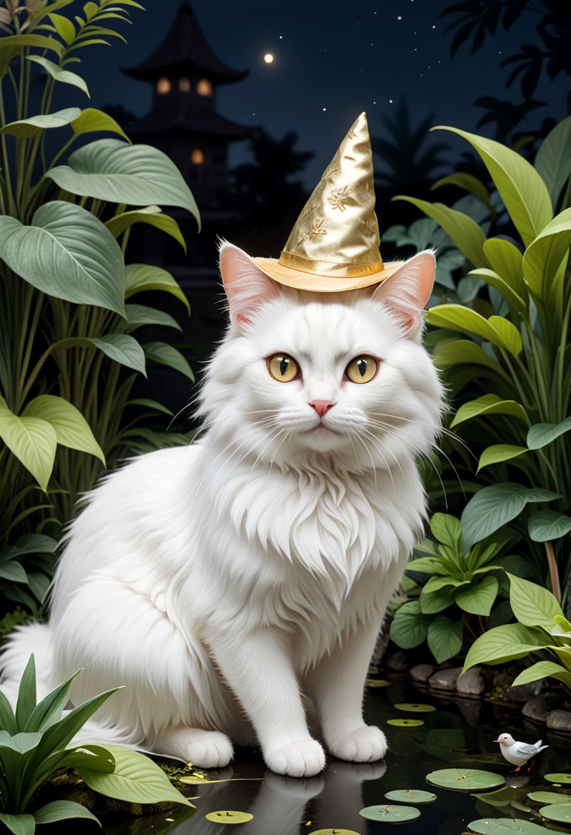 (medium full shot) of (mysterious cat), white fur, shaded, golden, fancy hat,  set in  a peaceful garden with a variety of plants, chirping birds, and a serene pond, at night, while stalking a toy mouse, Masterpiece,best quality, photo, realistic, very aesthetic,