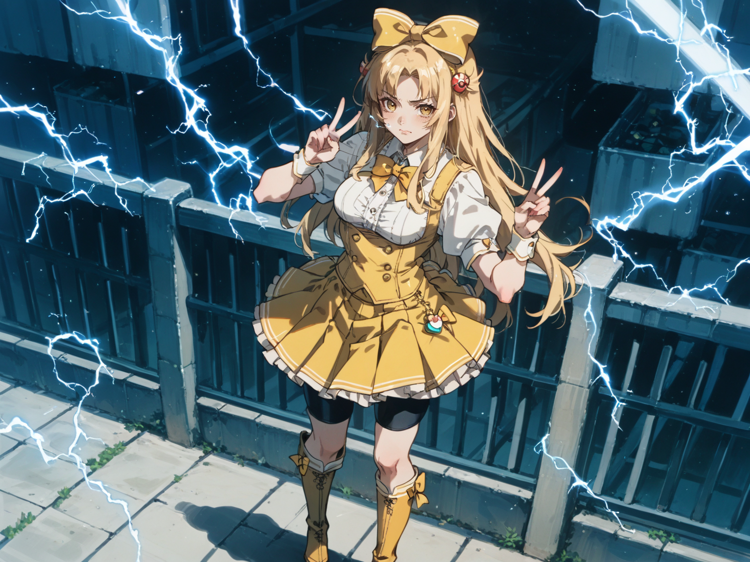 1girl bike_shorts bike_shorts_under_skirt blonde_hair boots bow bowtie closed_mouth double_v electricity frown hair_flaps hair_ornament long_hair looking_up magical_girl miniskirt pleated_skirt puffy_short_sleeves puffy_sleeves shirt short_sleeves shorts skirt solo standing tearing_up v white_footwear wing_hair_ornament yellow_bow yellow_bowtie yellow_eyes yellow_shirt yellow_shorts yellow_skirt, <lora:ScrollD:0.8>, score_9, score_8_up, score_7_up, zPDXL3