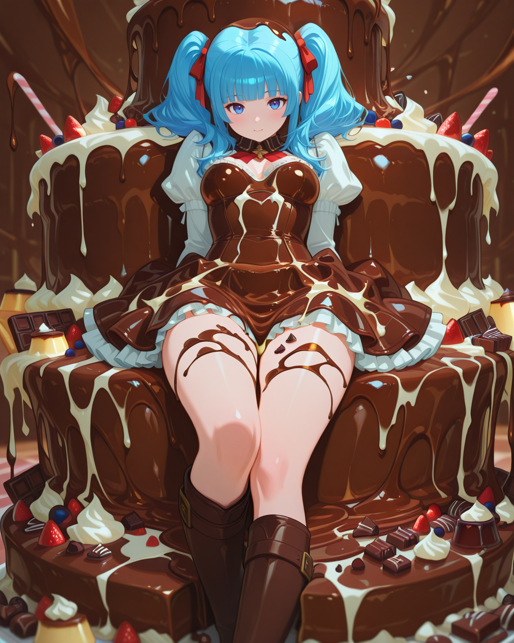 masterpiece,best quality,higres illustration,1girl,melting chocolate,blue hair,blunt bangs,twintails,frilled dress,knee boots,