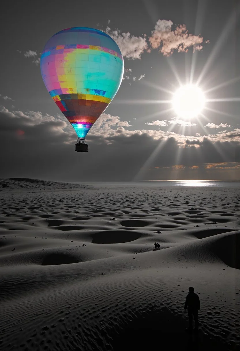 Endless monochrome dunes stretch toward the horizon, bathed in the eerie light of a massive, corrupted sunset. A neon-blue and yellow hot air balloon floats impossibly still in the sky, casting shifting holographic shadows onto the rolling sands. In the distance, a vast lake reflects impossible images—fragments of other worlds bleeding through the fabric of reality. A thick, glowing mist coils through the air, whispering secrets of the unseen.