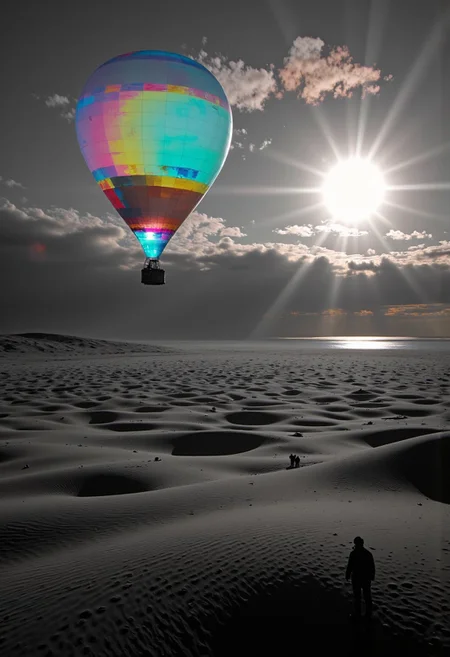 Endless monochrome dunes stretch toward the horizon, bathed in the eerie light of a massive, corrupted sunset. A neon-blue and yellow hot air balloon floats impossibly still in the sky, casting shifting holographic shadows onto the rolling sands. In the distance, a vast lake reflects impossible images—fragments of other worlds bleeding through the fabric of reality. A thick, glowing mist coils through the air, whispering secrets of the unseen.