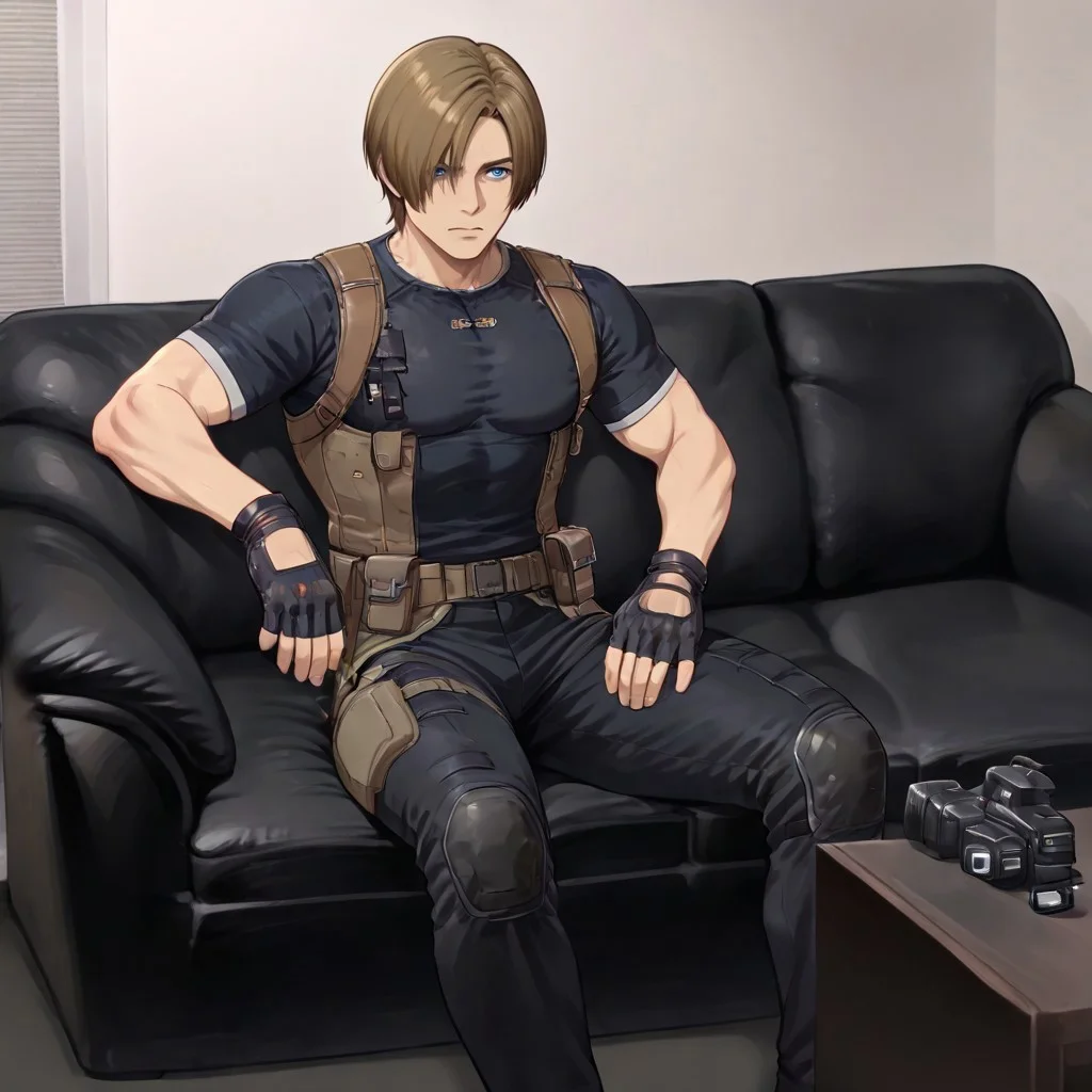 masterpiece, best quality, newest, absurdres, highres, anime, anime style, CCV1.0-IL, couch, black couch, casting couch, camera, sitting on couch, sitting,
1boy, leon s. kennedy, brown hair, blue eyes, gloves,