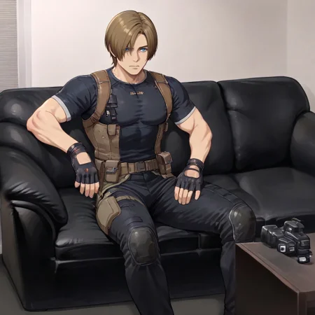 masterpiece, best quality, newest, absurdres, highres, anime, anime style, CCV1.0-IL, couch, black couch, casting couch, camera, sitting on couch, sitting,
1boy, leon s. kennedy, brown hair, blue eyes, gloves,