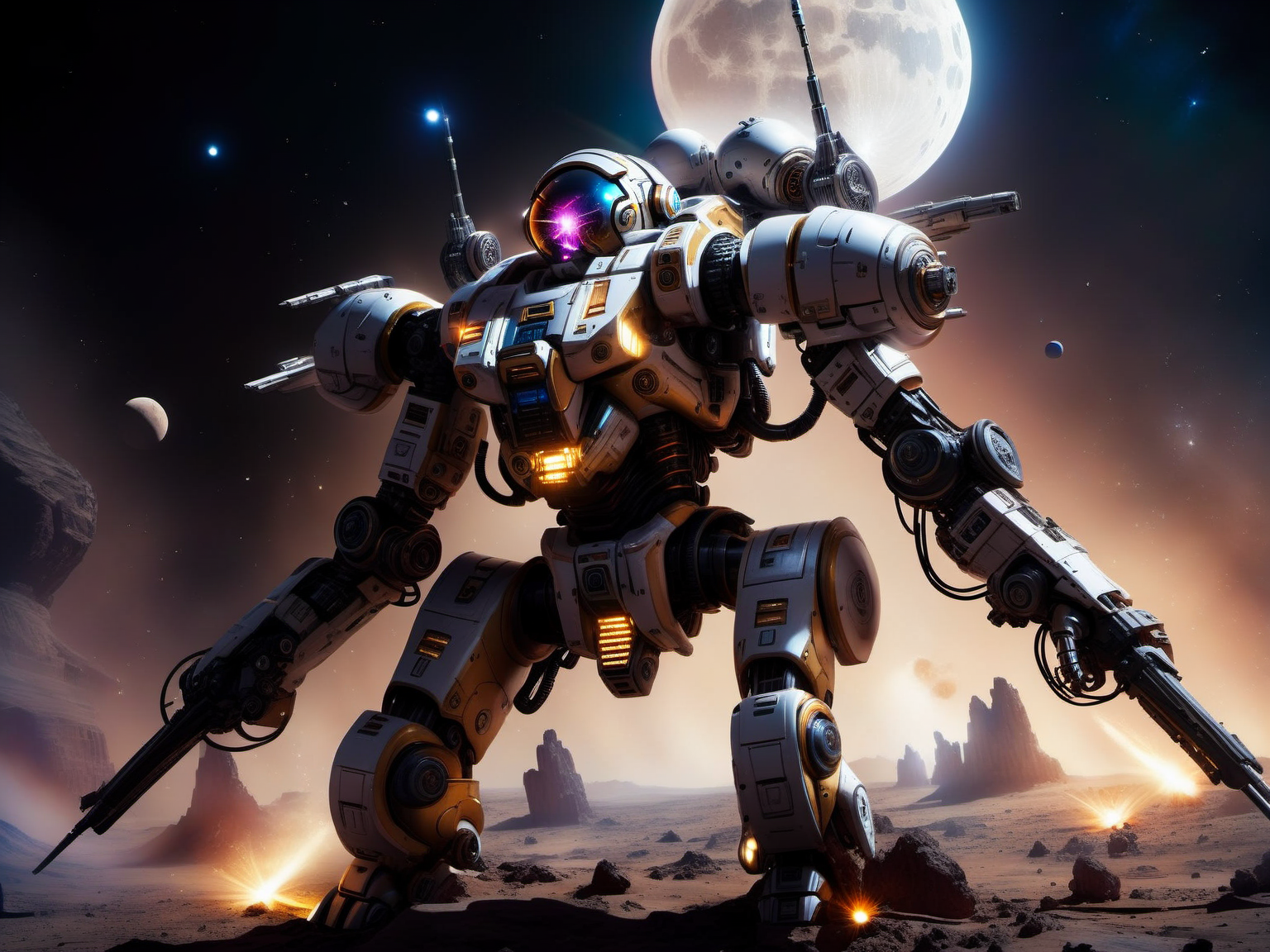 <lora:TechPunkAIv2Pruned:.9> LunarPunkAI  battle mech  (Highly detailed, amazing fantasy setting), (Shiny Impressive lighting), (Colorful, Ultra Realistic, High quality, Highly detailed, Sharp focus, 8K UHD, Art photography), (trending on artstation)