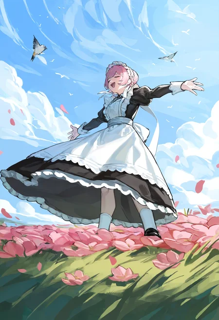 masterpiece, highres, absurdres, newest, very awa, dappled sunlight, shade, outdoors, 1girl, solo, pink hair, maid, maid headdress, white apron, frilled dress, juliet sleeves, white socks, black footwear, smile, :D, closed eyes, spread arms, spread legs, close up, from below, from side, grass, bird, flower, flower bed, sky, cloud, <lora:spo_sdxl_10ep_4k-data_lora_webui>, <lora:NOOB_EPSv1_1_detailer_by_vlnvk_v1_0:0.5>, <lora:illustrious_noobai_epsilon_pred_1_best_quality_v1:0.8>, <lora:walkingboring:0.8>