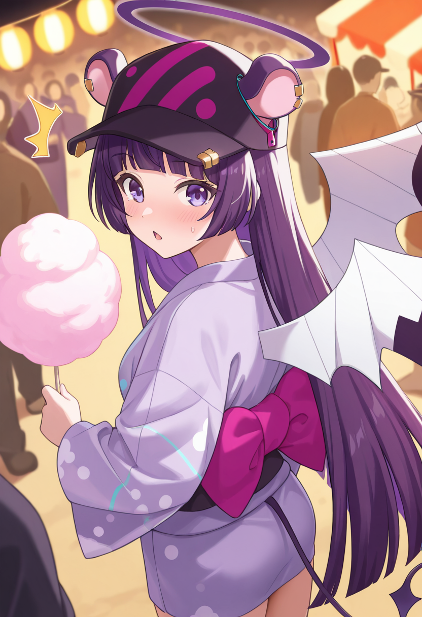 1girl,solo,<lora:shimmakkil:0.9>,shimmakk_(show_by_rock!!),blue eyes,halo,purple eyes,purple hair,long hair,blunt bangs,ear piercing,animal ears,multicolored wings,oversized wings,tail,purple yukata,polka dot,black polka dot,long sleeves,short kimono,black obi,black headwear,baseball cap,looking_at_viewer,from_side,from_above,looking_back,surprised,flustered,^^^,holding_food,chestnut mouth,crowd,night,cotton_candy,summer_festival,masterpiece,best quality,good quality,newest,incredibly absurdres,