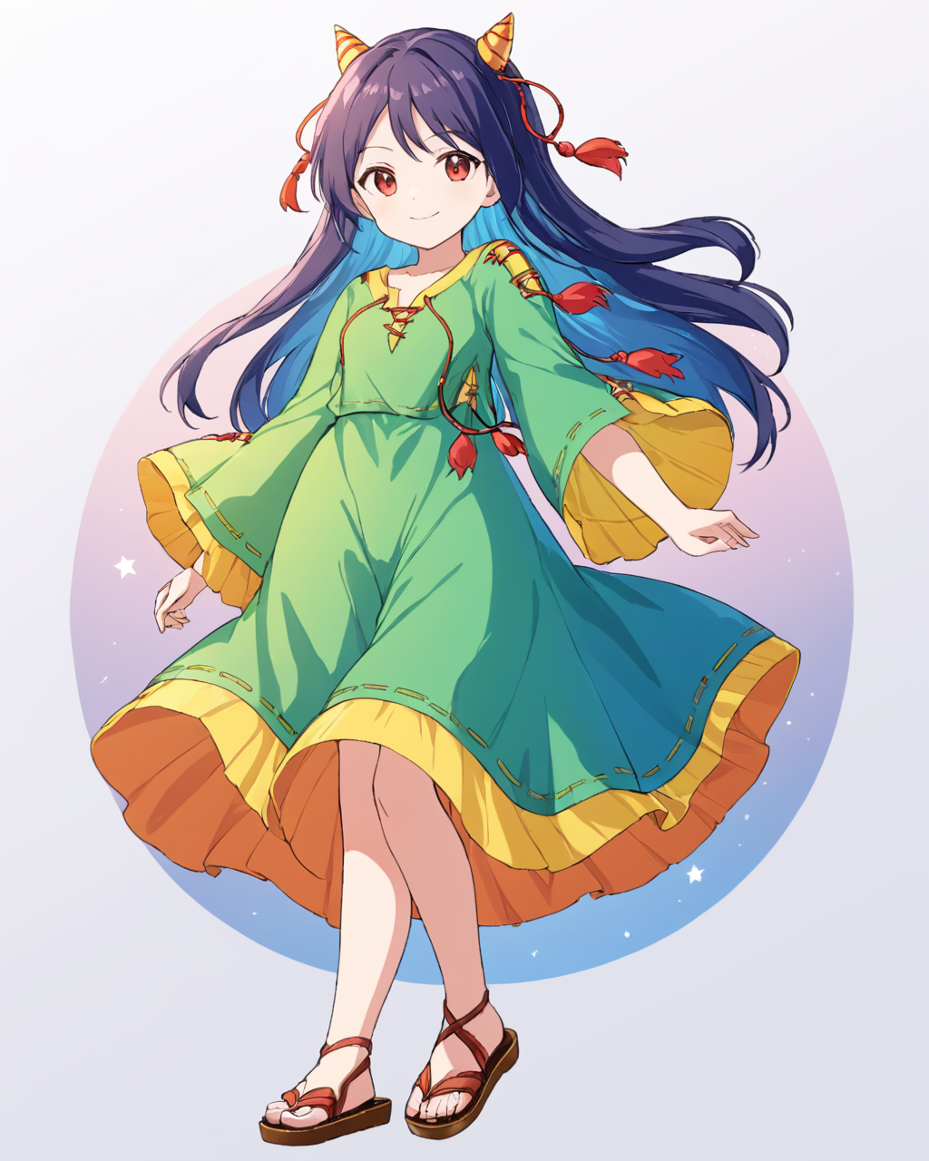 nippaku zanmu,1girl, solo, smile, looking_at_viewer, horns, long_sleeves, white_background, dress, closed_mouth, sandals
<lora:nippaku_zanmu_image235_2023-12-20:1>,star-shaped_pupils,symbol-shaped_pupils,. gorgeous,key visual, vibrant, studio anime,award-winning, professional, highly detailed,high budget, cinemascope