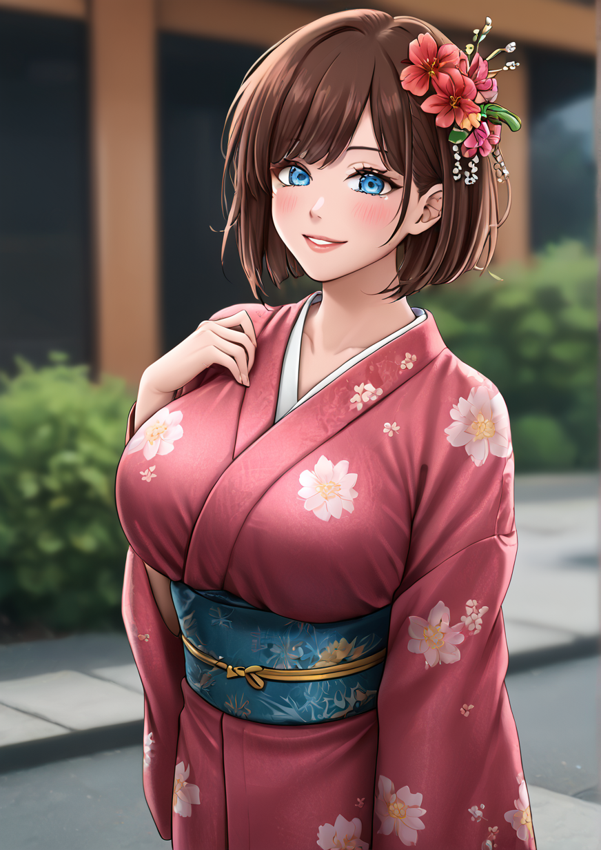 1girl, watanabe you, huge breast, blue eyes, blurry, blush, brown hair, depth of field, floral print, flower, furisode, hair flower, hair ornament, japanese clothes, kimono, looking at viewer, parted lips, short hair, smile, solo,zPDXL3,handfixer <lora:HandFixer_pdxl_Incrs_v1:1><lora:Bailey_McPatty:0.8>