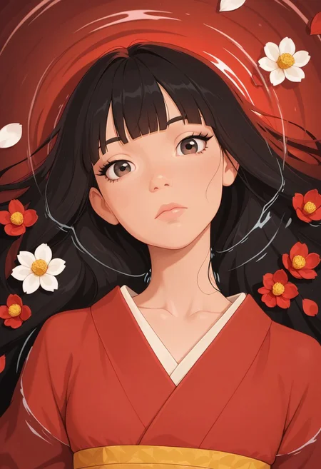 masterpiece, best quality, amazing quality, BSSPYCB, 1girl, solo, long hair, looking at viewer, black hair, closed mouth, brown eyes, collarbone, upper body, flower, lying, japanese clothes, blunt bangs, kimono, water, black eyes, eyelashes, lips, head tilt, petals, expressionless, portrait, red background, partially submerged, red theme, ripples