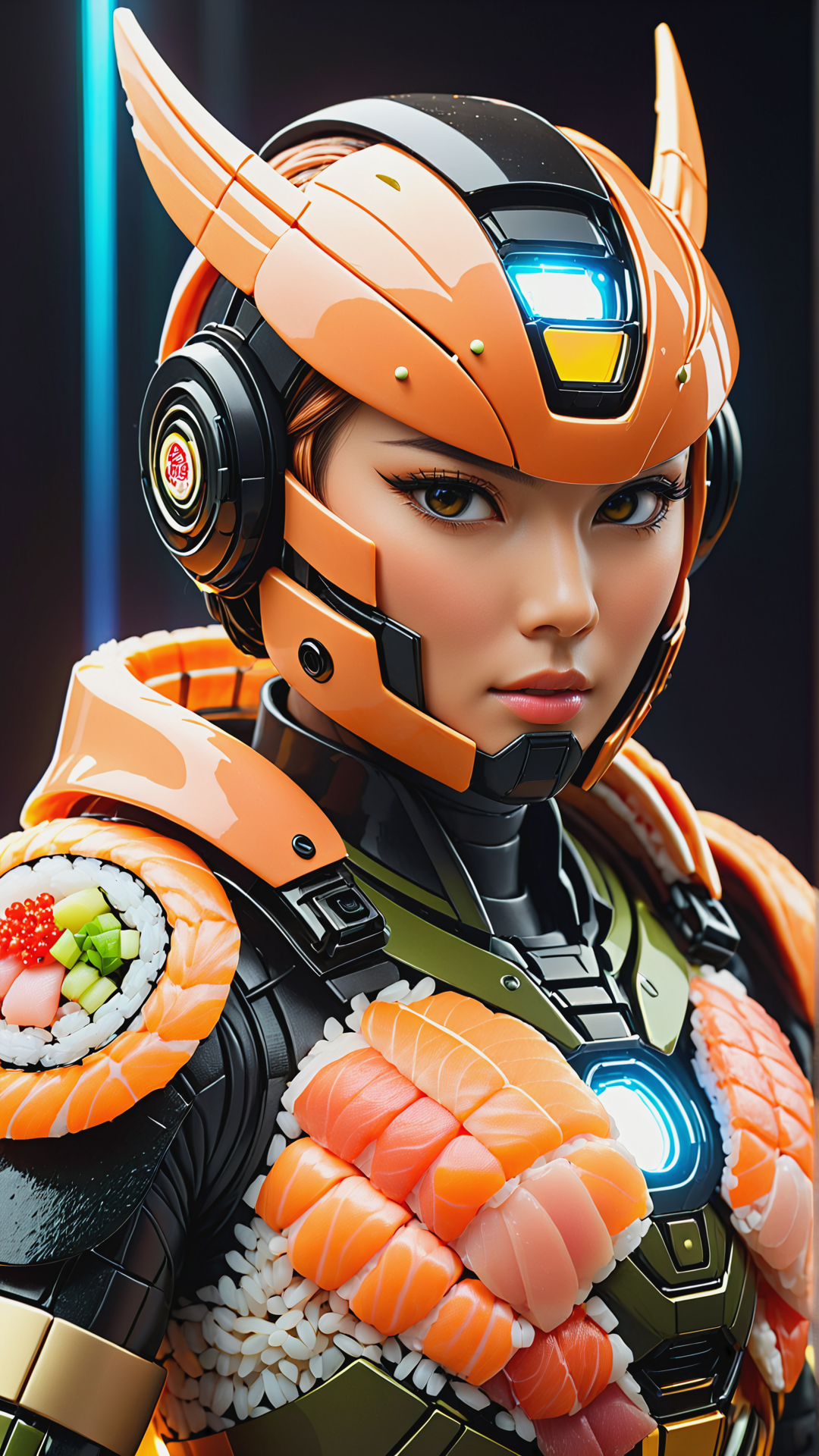 <lora:SushiStyleXL:1>SushiStyle   portrait,  looking away, solo, upper body, detailed background, close up, detailed face,  futuristic glowing  copper armor,  circular pattern,  high-tech, 50%rivets, microchips, advanced technology, bionics, cybernetic enhancements, (small high-tech goggles:0.8), head-up display,  epic  battlefield in background, yellow lights,  neon lights, lasers, sparks,  explosions, screens,  cinematic atmosphere,, made out of sushi, sashimi, rice, (japanese:0.5), crafted with sushi, (Masterpiece:1.3) (best quality:1.2) (high quality:1.1)