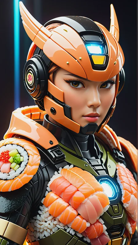 <lora:SushiStyleXL:1>SushiStyle portrait, looking away, solo, upper body, detailed background, close up, detailed face, futuristic glowing copper armor, circular pattern, high-tech, 50%rivets, microchips, advanced technology, bionics, cybernetic enhancements, (small high-tech goggles:0.8), head-up display, epic battlefield in background, yellow lights, neon lights, lasers, sparks, explosions, screens, cinematic atmosphere,, made out of sushi, sashimi, rice, (japanese:0.5), crafted with sushi, (Masterpiece:1.3) (best quality:1.2) (high quality:1.1)