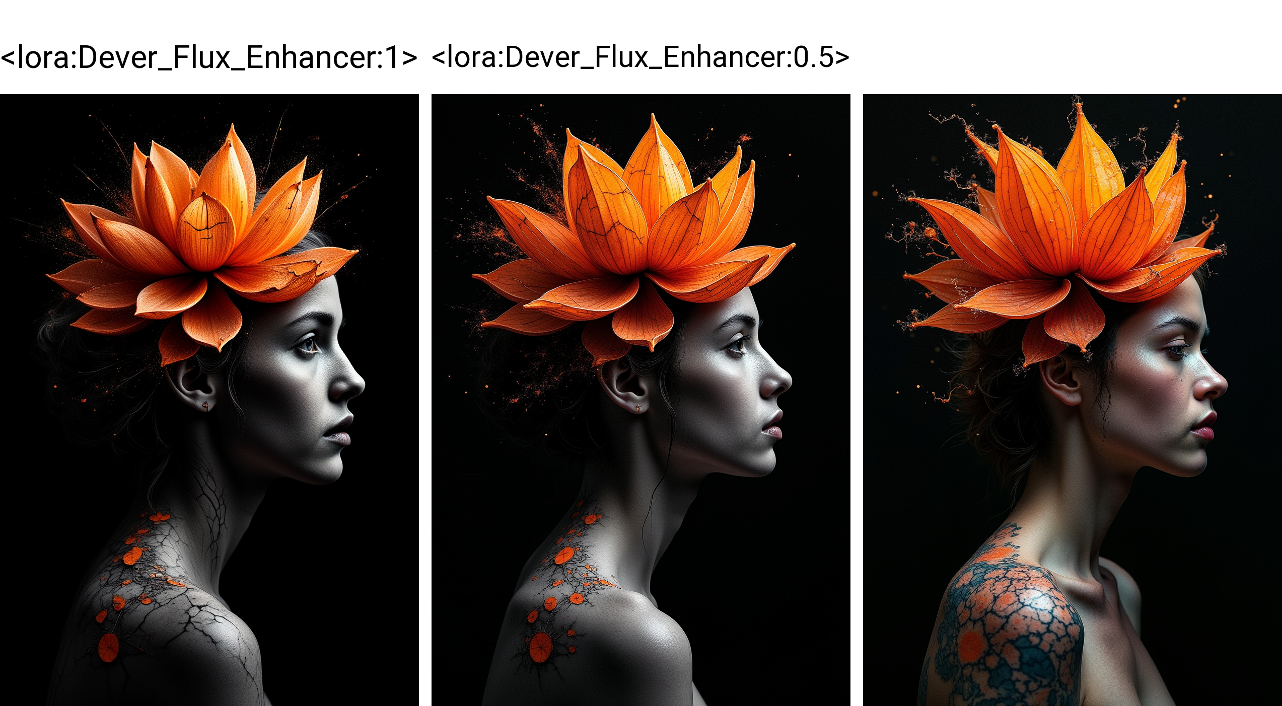 pitch black dark background, rising orange vapor pie charts, faded render of a duotone lotus petal shards tattoo, (woman's profile looking down:0.3), cracked skin, masterpiece by Eduardo Kobra, glitch art, dark art, digital artwork, illustrative, painterly, matte painting
<lora:Dever_Flux_Enhancer:1>