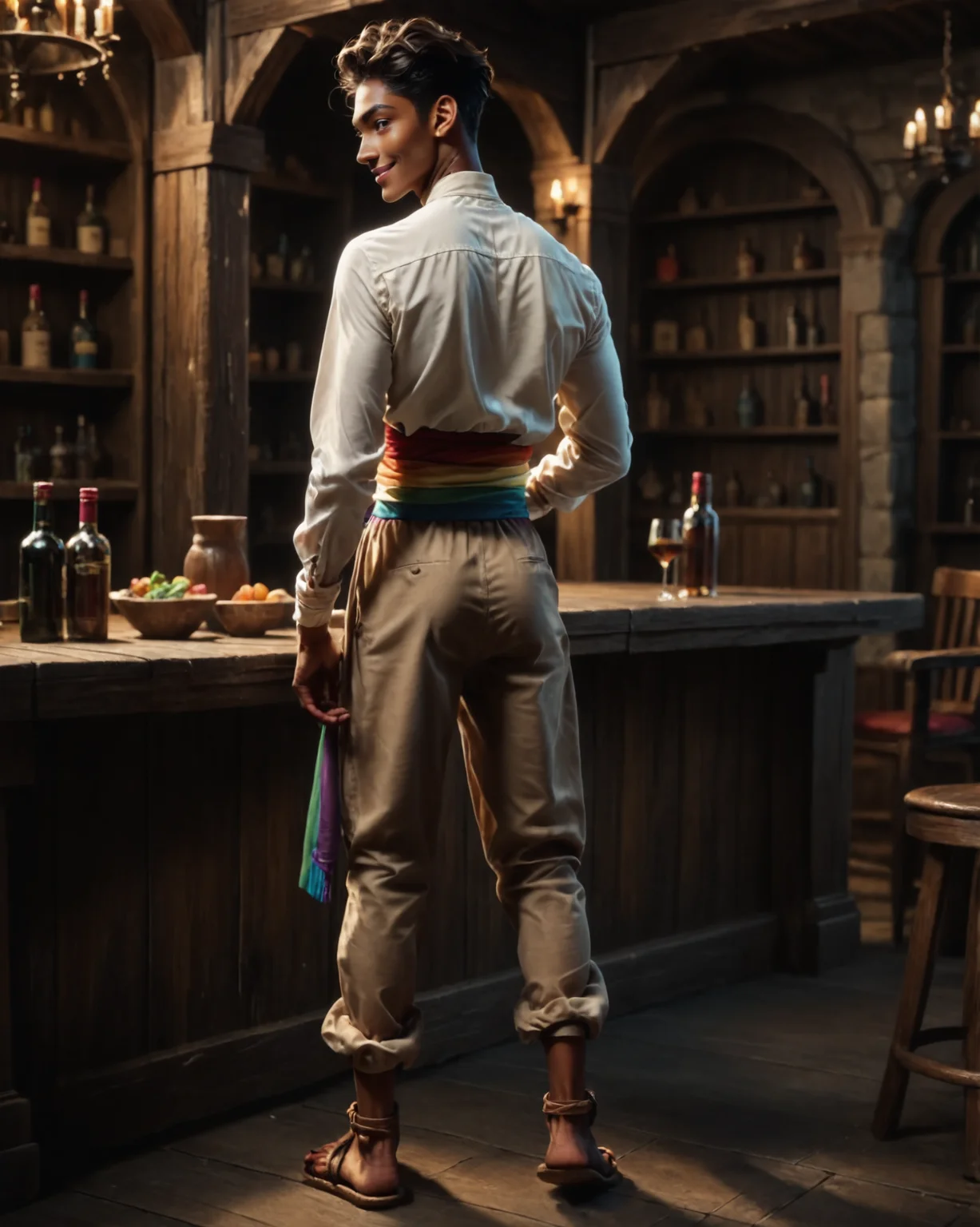 score_9, score_8_up, score_7_up, rating_questionable, intricately detailed, high resolution, fantasy setting,
<lora:Noah_Carroll_Cleric_OC:0.8>,
fantasy tavern, at night,
1boy(n0ah, dark brown skin, smooth skin, twink, slender, skinny,
white shirt, rainbow sash, brown harem pants,
full body, simple leather sandals with ankle straps,
back view
, solo, looking at the viewer, slight smile),
<lora:ral-chrosc-clr:0.7>, ral-chrosc-clr,
<lora:Expressive_H:0.5>
<lora:xl_more_art-full_v1:0.3>,
<lora:add-detail-xl:0.3>
