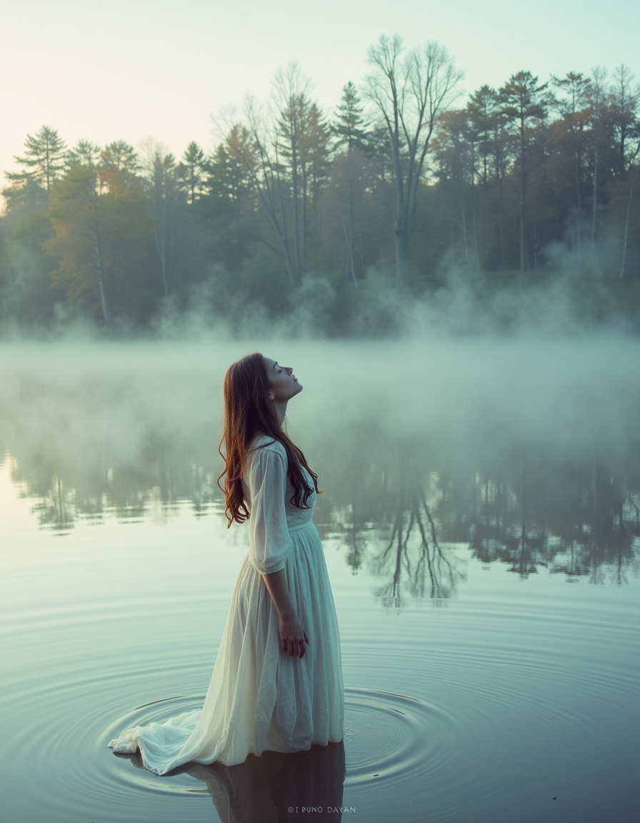 By Bruno Dayan. A photo-realistic shoot from a profile camera angle about a woman standing in a serene lake, looking up at the misty atmosphere. the image also shows a woman in the middle of the image, who appears to be a adult, with long brown hair, wearing a long white dress, standing in shallow water with her back to the camera. she is facing away from the camera, with her head tilted upwards and her eyes closed, as if in a moment of peaceful contemplation. the woman's body is slim, and she has a calm, serene expression on her face. the background is a misty forest with trees, and the lighting is soft and warm, casting gentle shadows on the water's surface. the overall mood is peaceful and tranquil, with a sense of serenity and tranquility.