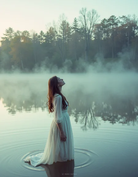 By Bruno Dayan. A photo-realistic shoot from a profile camera angle about a woman standing in a serene lake, looking up at the misty atmosphere. the image also shows a woman in the middle of the image, who appears to be a adult, with long brown hair, wearing a long white dress, standing in shallow water with her back to the camera. she is facing away from the camera, with her head tilted upwards and her eyes closed, as if in a moment of peaceful contemplation. the woman's body is slim, and she has a calm, serene expression on her face. the background is a misty forest with trees, and the lighting is soft and warm, casting gentle shadows on the water's surface. the overall mood is peaceful and tranquil, with a sense of serenity and tranquility.