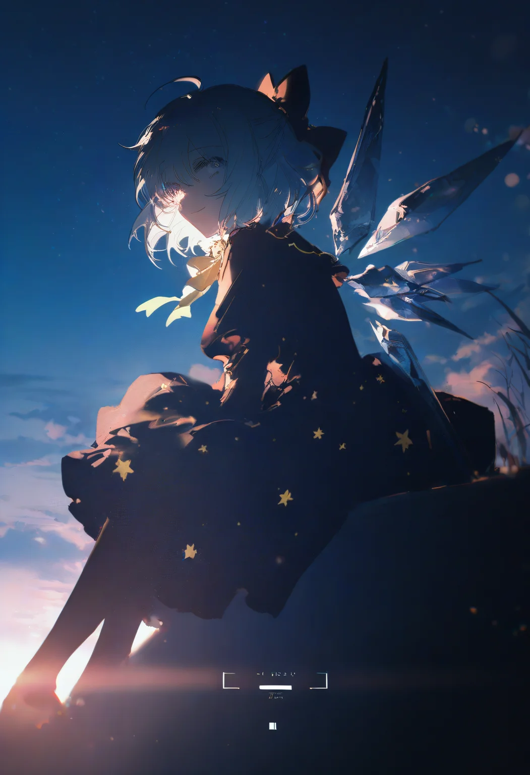 solo, 1girl, cirno, outdoors, masterpiece, black skirt, smile, pleated skirt, black tights, ahoge, alternate costume, frills, looking back, leaned forward,looking at viewer, black dress, pantyhose, black pantyhose, sitting, gold bows, gold ribbon, gold trim, outdoors, night, moonlight, black dress, star print pattern, star pattern, star, starry sky, cloudy sky, cloud, scenery, night,light particles,light and shadow,overexposure,contour deepening,lens flare,depth of field, (very vibrant colors:0.8), very high contrast, sketch, vivid colors, (saturated:1.0), colorful, very high colorfulness, deep blue hues, submerged, pressure, cold atmosphere, dark atmosphere, rella, konya karasue, view finder, scratch art, color tracing, <lora:CC_train_nb11-xl-000028:1>, masterpiece,best quality,amazing quality,very aesthetic,absurdres,newest,
