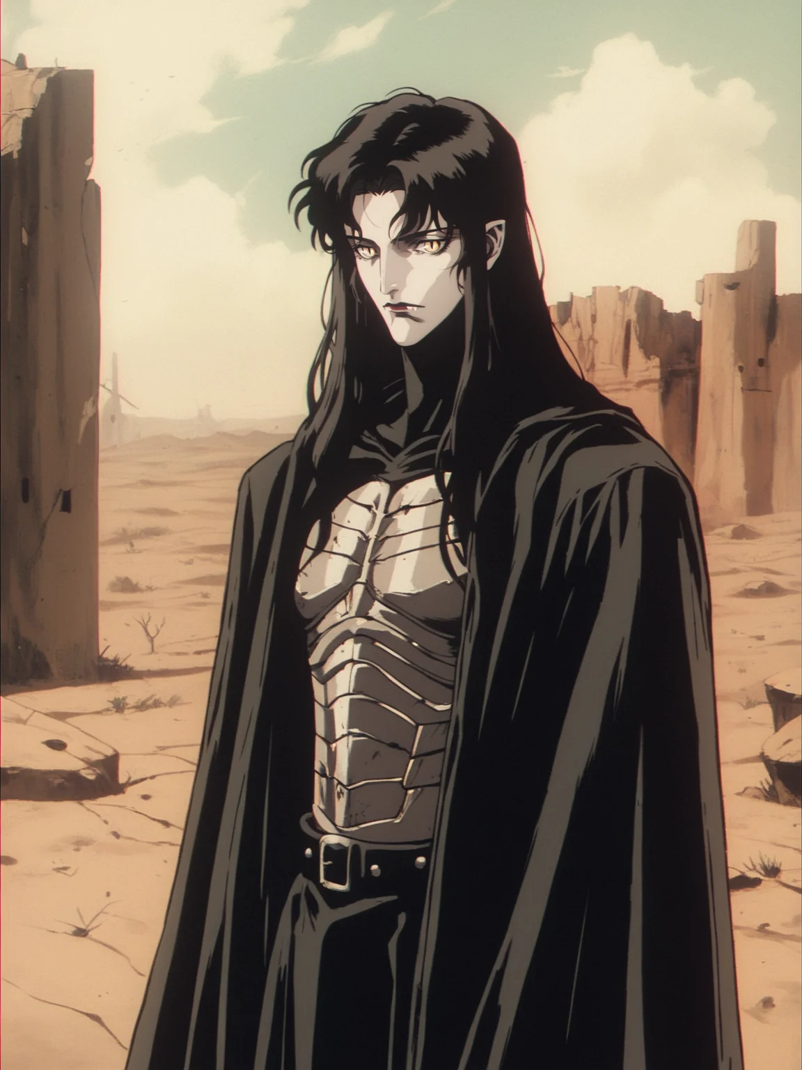 1boy, adult, vampire, pale skin, black hair, long hair, yellow eyes, black cloak, leather armor, standing, desert, ruined castle on the background, outdoors, stainding, solo, v4mpd, retro_artstyle, <lora:Vampire_Hunter_D_Bloodlust_Style:0.8>, 1990s \(style\), vintage, <lora:OldAnimeStyle_XL_v3:0.35>, score_9, score_8_up, score_7_up