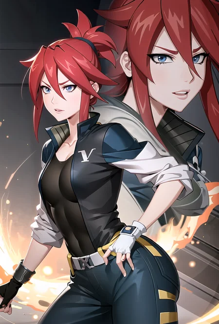 sfw_high_detail_character_art of a solo_angry_korsica_with_red_spiky_hair_style_and_blue_eyes_and_blue_hair_tie_and_(dual_wielding_metallic_tonfas:1.1)_is_looking_at_viewer_and_ready_to_fight, , hair between eyes, high_ponytail, battle_stance, irritation_spoken, extremely_detailed_anime_8k_wallpaper, masterpiece, best_quality, (ultra-detailed), best_illustration, finely_detail, (medium_full_shot:1.1), perfect_fingers, insane_details, hyper_details, impossible_cinematic_composition, (ultra_detailed:1.2), (anime_sci-fi_complex_on_the_background:1.1), furious_face_expression, quick_zoom, motion_blur, action_vibes, last_stand_atmosphere, boss_fight, <lora:korsicaLora_korsicaV1:0.8>