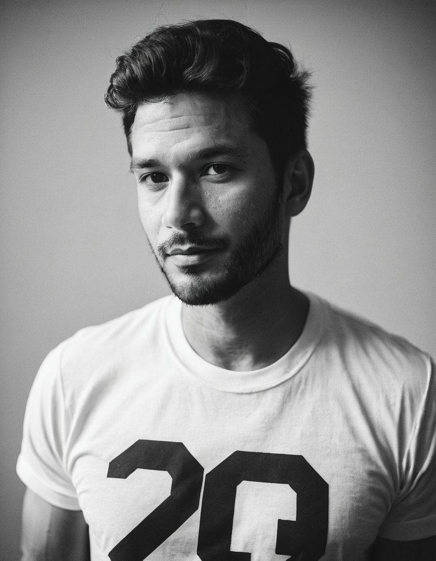 b&w, instagram photo, portrait photo of 28 y.o man, wearing t-shirt, perfect face, natural skin, film grain