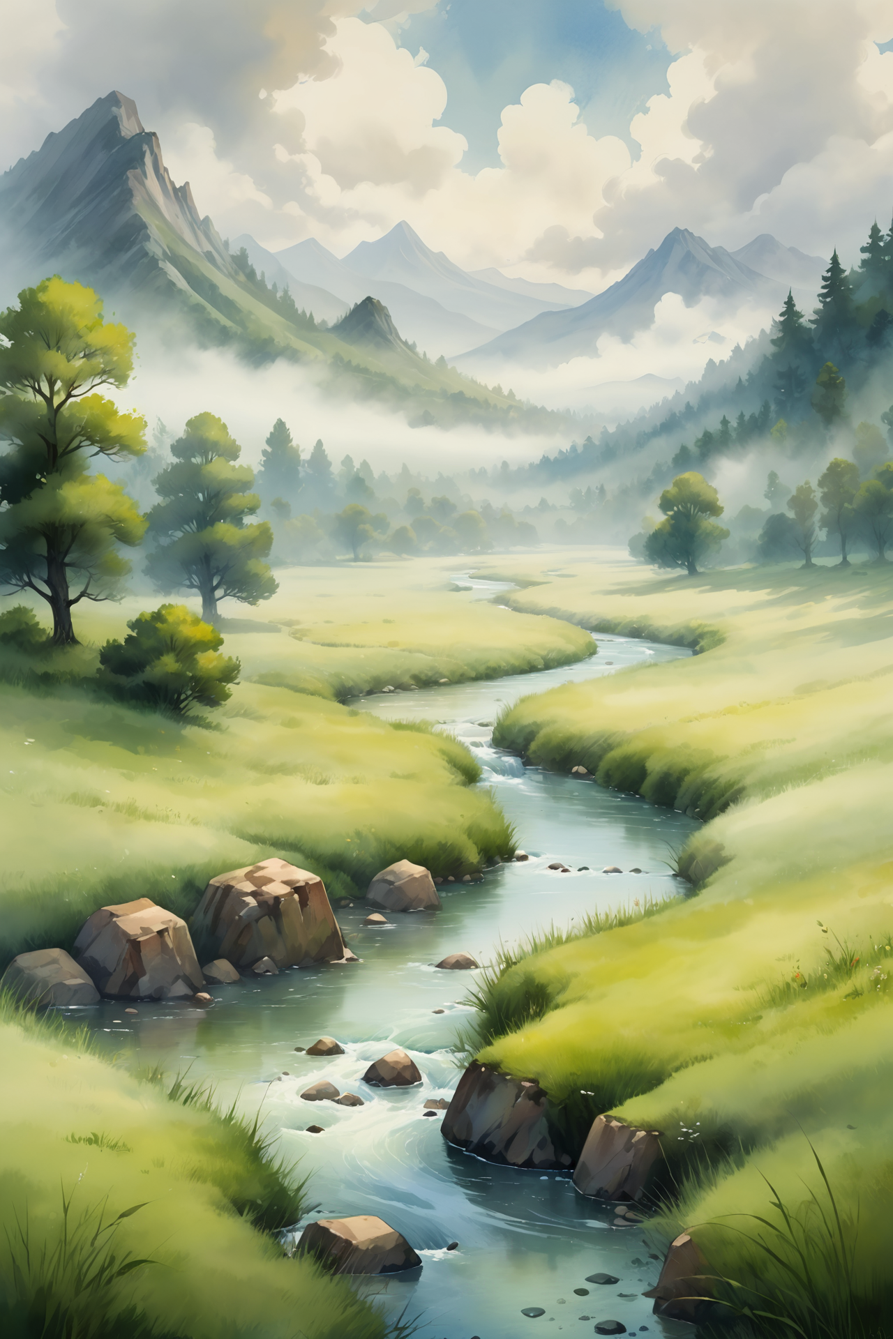 <lora:Retro_Illustration:1> 2d game scene, oil and watercolor painting, scenery, drawing of a minimalist landscape, river, meadow, mist, clouds, mountain, tree, forest, (masterpiece:1.2), best quality