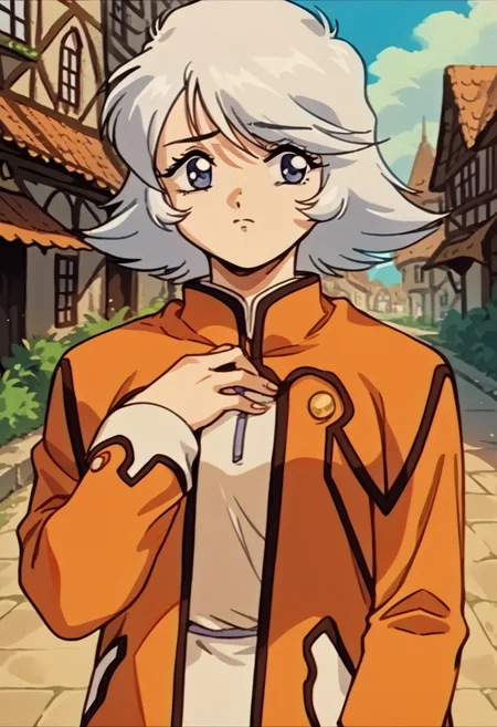 score_9, score_8_up, score_7_up, source_anime, 1girl, solo, worried, hand on own chest, <lora:FeOva-pdxl_Fp:1> retro artstyle, <lora:RaineToS-pdxl:1> defRne, white hair, short hair, blue eyes, orange coat, white shirt, long sleeves, village, outdoors
