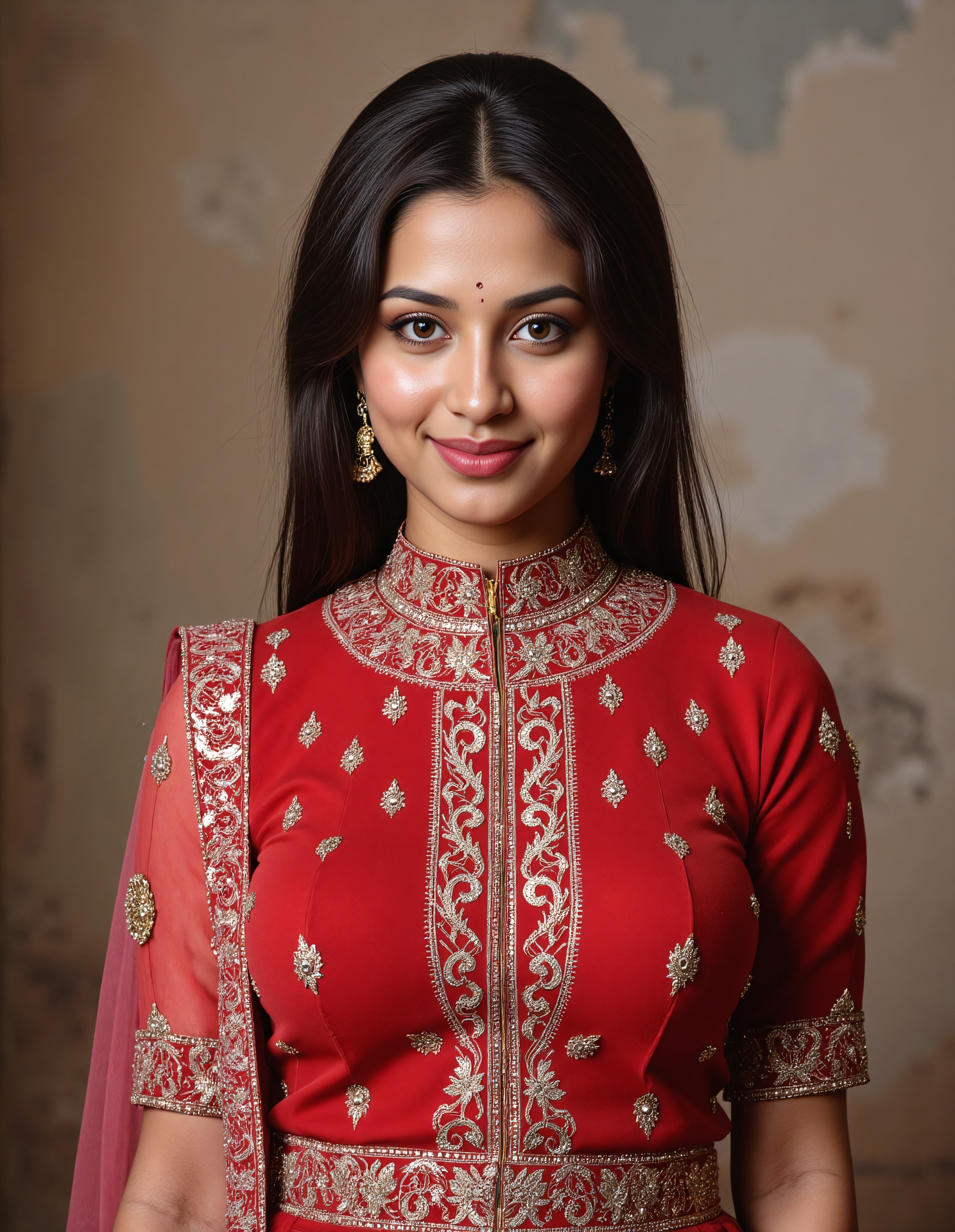 from front photo of a  woman with a d351 l1ght skintone, hyper realistic photo that is safe for work, serious, studio quality image with natural colors, well dressed wearing intricate turtleneck Red Rajasthani Lehenga, hair styled as  straight hair,muted pastel shaded multicolored background that contrasts with the person, cinematic lighting,âââââ   <lora:D351_L1ght_Desi_Latte_Flux_Kohya_V3:0.8>âââ