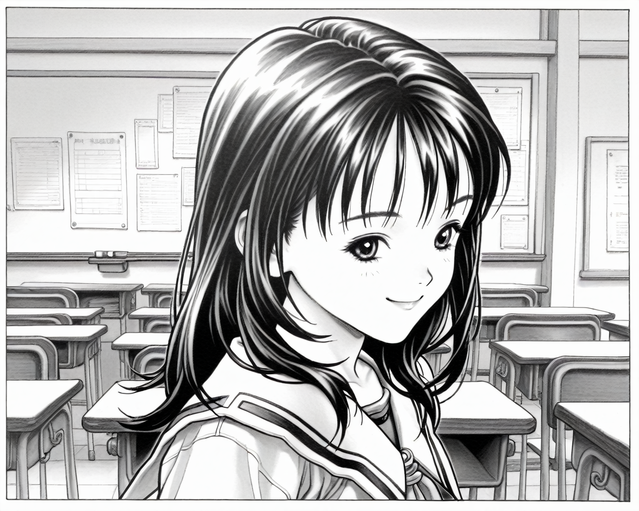 yoshizuki iori,i"s,smile,long hair,1girl,masterpiece,absurdres,very aesthetic,best quality,complicated details,stunning photos,i"s,1990s \(style\),32k,<lora:Katsura Masakazu_illustriousXL:1>,retro artstyle,traditional media,classroom,greyscale,monochrome,<lora:Sakino Shingetsu_illustriousXL:1>,sailor,close-up,