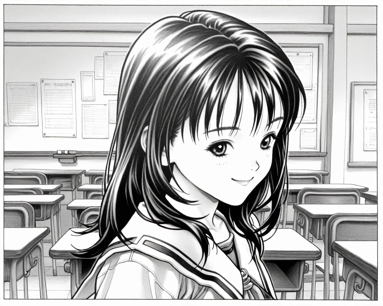 yoshizuki iori,i"s,smile,long hair,1girl,masterpiece,absurdres,very aesthetic,best quality,complicated details,stunning photos,i"s,1990s \(style\),32k,<lora:Katsura Masakazu_illustriousXL:1>,retro artstyle,traditional media,classroom,greyscale,monochrome,<lora:Sakino Shingetsu_illustriousXL:1>,sailor,close-up,