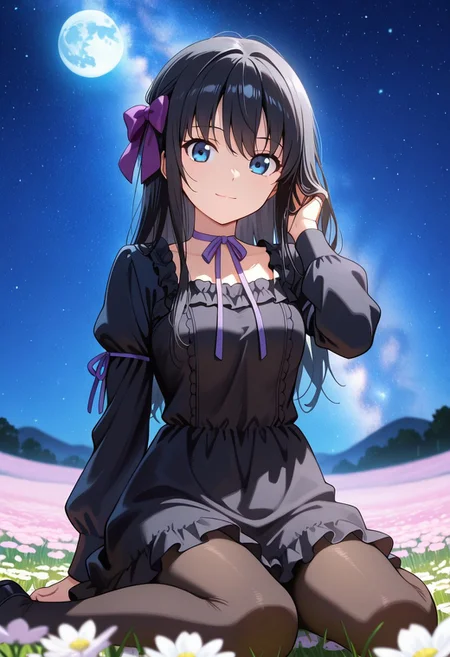 medium depth of field, rule of thirds, masterpiece-level, clean lines, sharp, focused subject, minimalistic composition, masterpiece, amazing quality, best quality, anime screencap, detailed face, detailed eyes, detailed outfit, face focus,
general,highres, ultra-detailed,very aesthetic,best quality ,best hands, perfect anatomy,detailed,
BREAK 1girl, solo, Natsuki Minamiya,blue eyes, black hair,
official outfit,hair bow,black pantyhose,black dress,ribbon choker,frilled dress,puffy long sleeves,sleeve ribbon,purple ribbon,
from front, from front, cowboy shot,
wariza, hand in own hair, happy, light smile, looking at viewer,
Flower Field, moon,
outdoors, night sky, strarry sky, milky way, scenery,