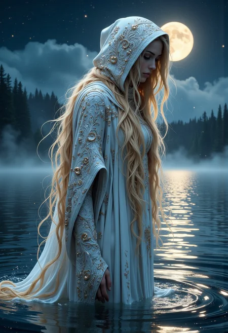 A woman covered in a white cloak. long blond hair. complex detailed patterns. stands in the middle of a lake. fog over the water. fog around the woman. at night. the moon visible in the background. stars. very surrealistic in another universe. unrealistic. . strange world, colorful, psychedelic,
best quality, sharp focus, high contrast, stylized, dark, clear, surreal, ultra quality, 8k, best quality, vivid color, masterpiece, max details, midjourneyv6.1, from below, from the front, ballerina dance, mythp0rt, aidmaMJ6.1