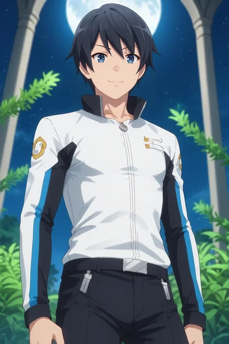 score_9, score_8_up, score_7_up, source_anime, rating_safe, intricate details, (3d:0.4), looking at viewer, depth of field, 1boy, solo, male focus, <lora:touya_mochizuki_pony:0.96>, touya_mochizuki, black hair, blue eyes, wide angle, wide shot, cowboy shot, energy plant, night, full moon, twisted torso, naughty smile, biker costume, <lora:sdxl_lightning_8step_lora:1>