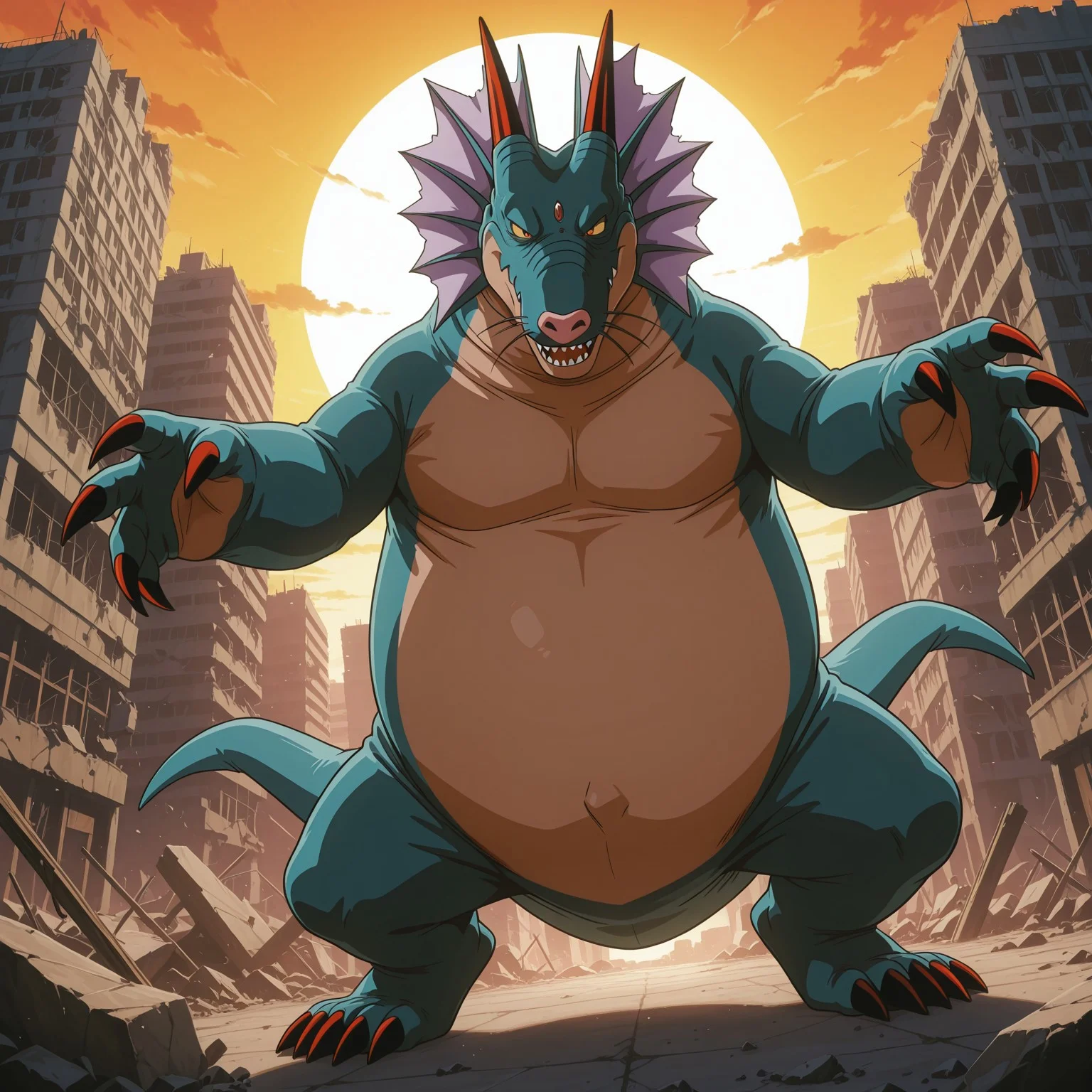 masterpiece, best quality, amazing quality, very aesthetic, absurdres, newest, Solo, 2d, 4 toes, male, scalie, Natshenron, dragon, wingless, red horns, flesh whiskers, pink nose, membranous frill, blue skin, tan skin, tan countershade torso, two tone skin, yellow sclera, red pupils, red claws, toe claws, two tails, blue forehead jewel, anime screenshot
BREAK standing, looking at viewer, outside, smirk, building sized, destroyed buildings, ruins, low angle view, sunset