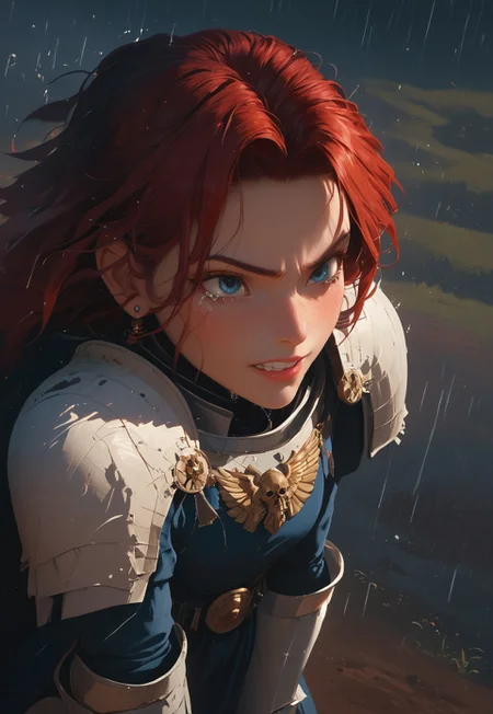 1girl, solo, 24 year old woman, large build, kneeling:1.4, beautiful, long hair, dark red hair, freckles:1.4, face uplifted:1.6, looking up, looking at the sky, earrings, fierce grin:1.5, crying:1.5, teeth clenched:1.4, angry smile:1.5, wide hips, knight armor:1.5, heavy armor, gauntlets, greaves, bright blue eyes, arms at her sides, rain falling on her face:1.5, tan skin, on knees, tears on chin, tears on cheeks,

dusk, after battle, muddy field, some grass, fallen soldiers around her:1.4, storming, dark gray sky, dark sky:1.4, streaming banners, battlefield, intense rain:1.3, dreary, raining, overcast, mountains and hills in the background,

score_9, score_8_up, score_8, masterpiece, best quality, official art, extremely detailed, CG unity 8k wallpaper, absurdres, high definition, photorealism:1.5, detailed shading, high contrast, ambient occlusion, vivid colors:1.5, saturated colors:1.6, 

downward angle:1.3, cowboy shot, cinematic, from above:1.3,

expressiveh, whites40k, tears, 