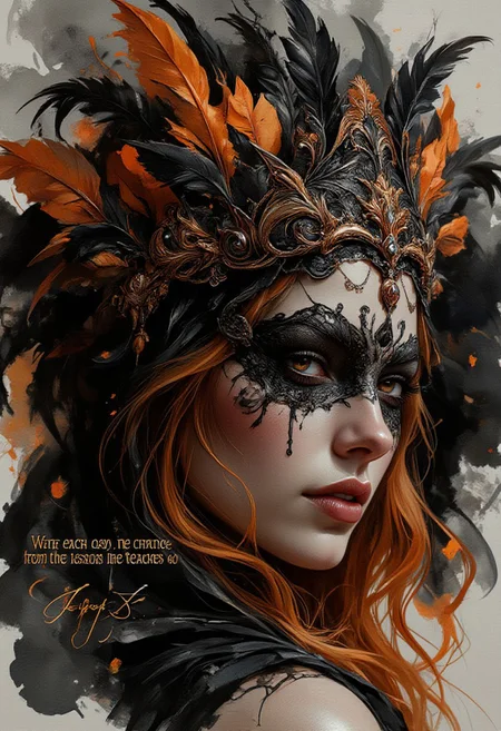 horror, monster, nightmare, fear, illustration, watercolor,
A watercolor and ink wash painting of a dark fantasy scene with a woman in the foreground. She has fiery orange hair and wears an elaborate headdress and mask made from black and burnt orange feathers, combined with intricate lacework. The text "With each day, we change, growing from the lessons life teaches us," is written in a deep, meaningful style. The background is softly blurred, with rich, soft washes of black and orange. The composition exudes a mood of mysterious elegance and dark fantasy. The artist's signature "Super S" is displayed in the bottom left corner.