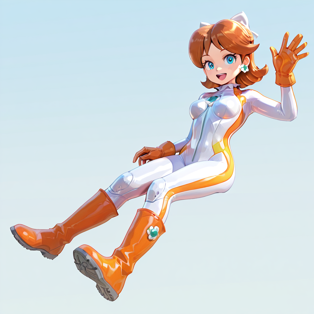 1girl, daisymkwbiker <lora:Daisy MKW Adventure Outfits Illustrious V2:.9>, white body suit, orange boots, orange gloves, waving