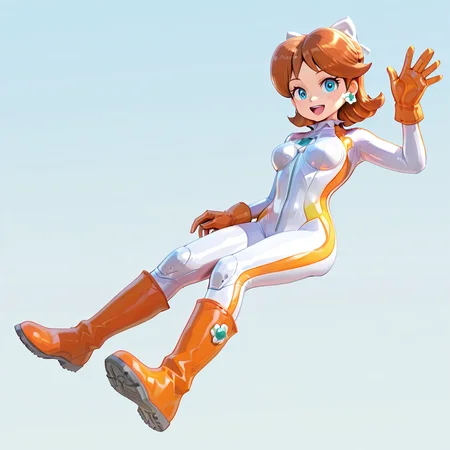1girl, daisymkwbiker <lora:Daisy MKW Adventure Outfits Illustrious V2:.9>, white body suit, orange boots, orange gloves, waving