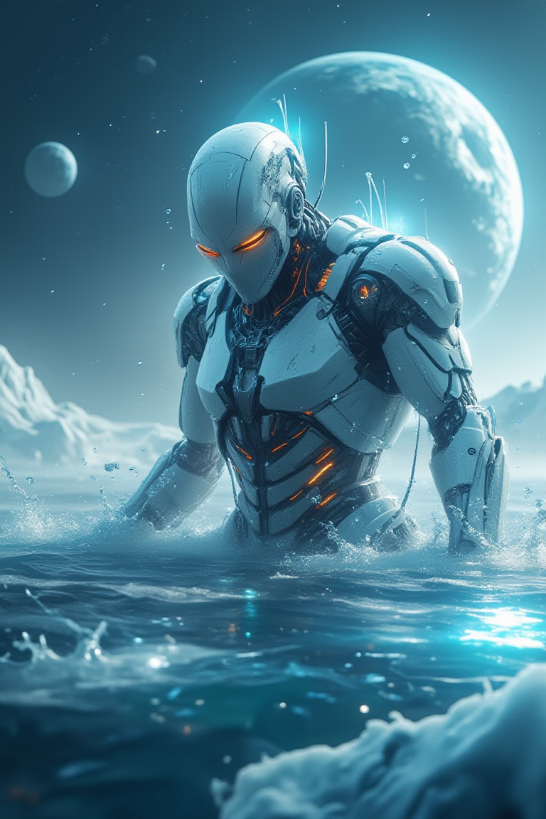 Abstract Lighting Effects, Hyperrealism, Midjourney Style, Photorealism, Cinematic, High Fidelity, Realism, Light Play,
"A futuristic robot emerges from an icy ocean on an alien planet. The robot has a streamlined, metallic body with intricate details and orange highlights, including glowing red eyes. Water droplets fly around as it dynamically reaches out with one hand, suggesting motion and power. The background features a dramatic, icy landscape under a starry sky, with a massive planet and moons visible above. The atmosphere is chilly and foreboding, yet awe-inspiring, combining elements of sci-fi and adventure in a cold, extraterrestrial setting."