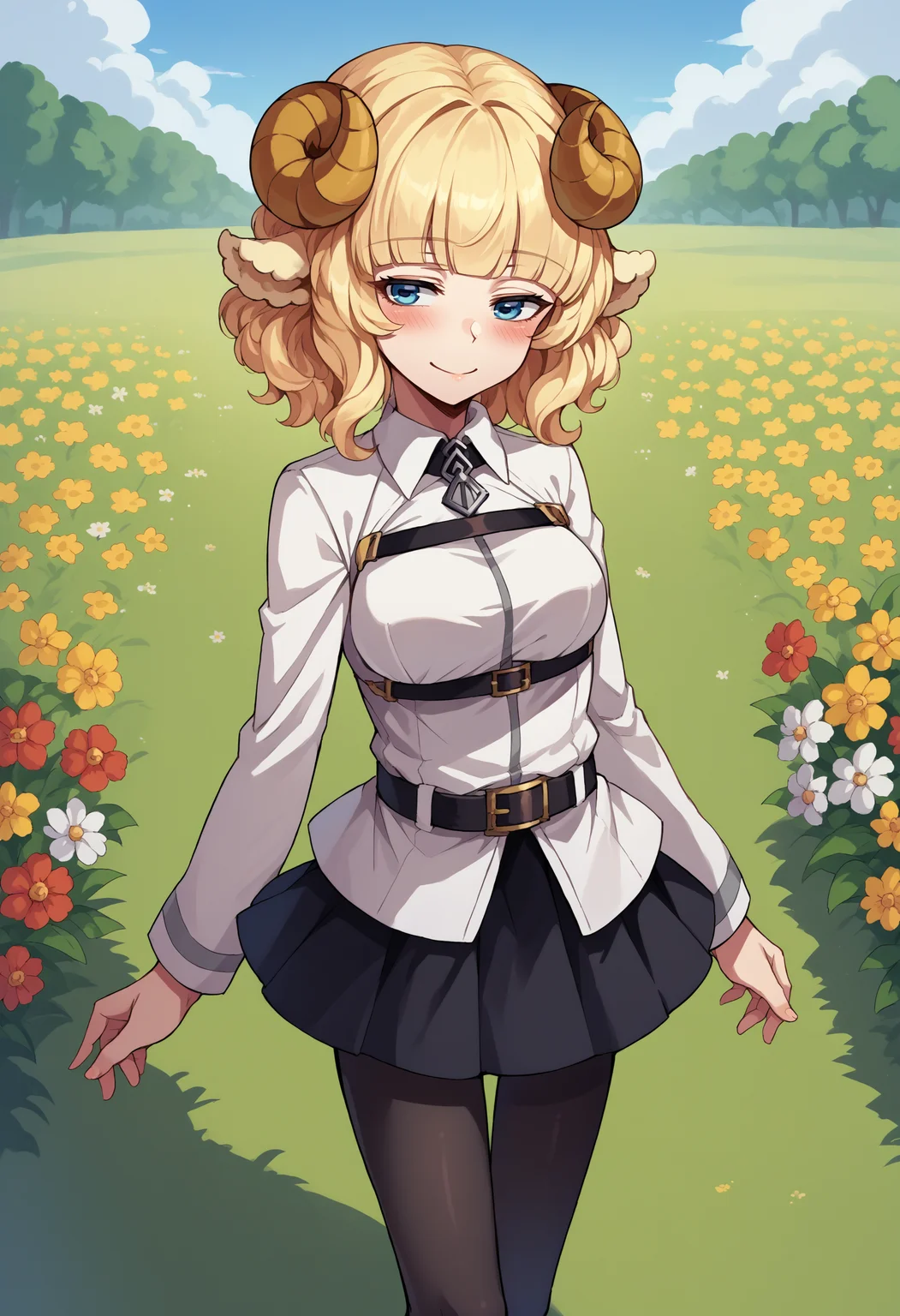 score_9, score_8_up, source_anime, 1girl, solo, Weresheep, blonde hair, blue eyes, horns, sheep ears, ChaldeaUniformFemaleUniform, chaldea uniform, belt, black skirt, black pantyhose, outdoors, blush, smile, flowers, flower field, <lora:ChamChaldeaUniformPonyXL:1>, <lora:ChamWeresheepPonyXL:1>