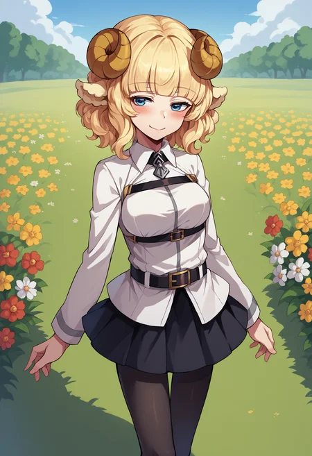 score_9, score_8_up, source_anime, 1girl, solo, Weresheep, blonde hair, blue eyes, horns, sheep ears, ChaldeaUniformFemaleUniform, chaldea uniform, belt, black skirt, black pantyhose, outdoors, blush, smile, flowers, flower field, <lora:ChamChaldeaUniformPonyXL:1>, <lora:ChamWeresheepPonyXL:1>