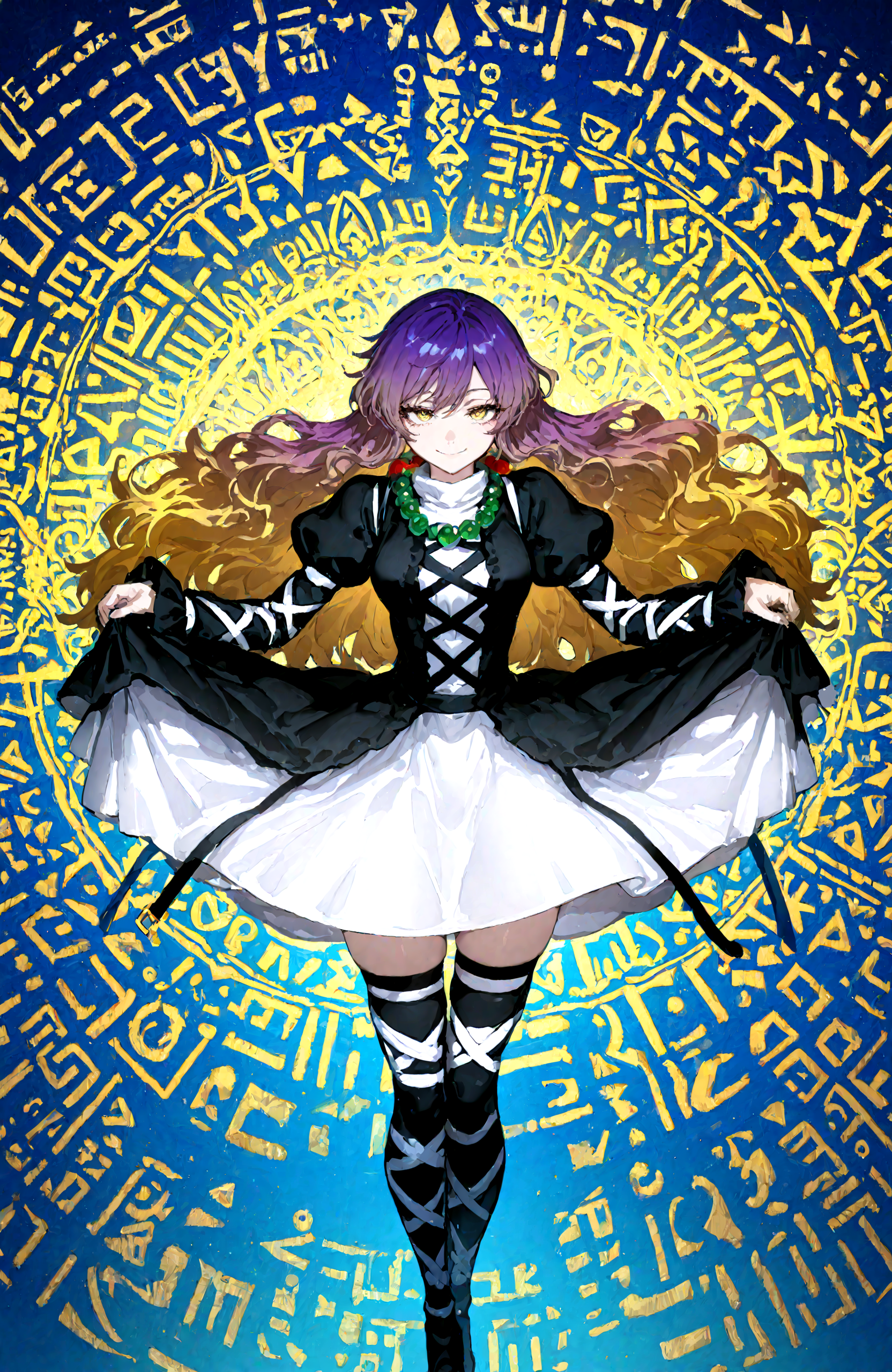 1 girl,  hijiri_byakuren,bead_necklace ,beads, black_dress, black_thighhighs, blue_background, closed_mouth ,clothes_lift, cross-laced_clothes, dress, dress_lift, full_body ,gradient_hair, jewelry ,juliet_sleeves, layered_dress, lifting_own_clothes ,long_hair, long_sleeves ,looking_at_viewer ,multicolored_hair ,necklace ,puffy_sleeves, smile ,solo, sorcerer's_sutra_scroll, thighhighs, white_dress, yellow_eyes,
,Fishine, munakata_(sekimizu_kazuki),dekosukentr,kizuki_aruchu ï¼ireadingï¼kubo_tite_(style) ,
,masterpiece, best quality, newest, absurdres, highres,
<lora:illustrious_noobai_epsilon_pred_1_best_quality_v1:0.6> ,<lora:illustrious_noobai_epsilon_pred_1_masterpieces_v1:0.6>, <lora:illustrious_noobai_epsilon_pred_11_very_aesthetic_v1:0.6>, <lora:ponyv5_noobV065S_1_adamW:0.6>, <lora:add-detail-xl:0.5>,  <lora:USNR STYLE_XL_loha:0.6>, <lora:cfg_scale_boost:0.4>,