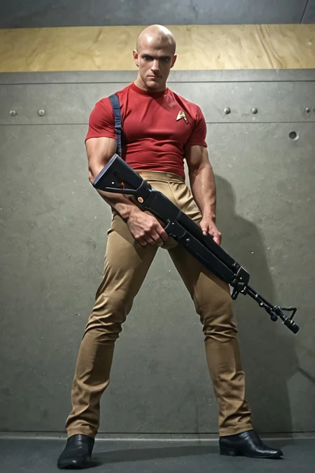 1boy, 20 year old male, Handsome, masculine, blonde, star trek, red shirt, muscle, tall, tight shirt, wide pectorals, big shoulders, wide shoulders, muscular neck, German, standing at attention, bald, big pale blue eyes, abs, biceps, serious facial expression, phaser rifle, hand, long bulge in his pants, ((((view from below)))),
1960 black dress pants, pants,
stunf, star trek uniform, uss enterprise ncc-1701 interior background, star trek, space ship interior, 1960s TV,