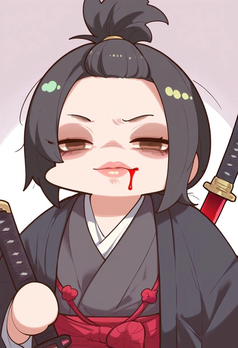 CuteChibi_ST, CTCB_ST, masterpiece, best quality, very aesthetic, high resolution, ultra-detailed, absurdres, newest, extremely detailed eyes, 1girl, solo, looking at viewer, black hair, holding, brown eyes, upper body, weapon, japanese clothes, sword, kimono, holding weapon, lips, blood, holding sword, katana, topknot