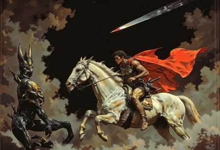 A valiant warrior on the back of a majestic white stallion, captured mid-charge in a dramatic oil painting that masterfully blends classical and modern elements. The young man's muscular form is adorned in gleaming golden armor, meticulously detailed with regal patterns that reflect his unyielding spirit. His curly dark hair is swept back by the wind, while his intense gaze is locked on the terrifying xenomorph from the Alien universe that rears before them, its elongated, biomechanical limbs poised to strike. The warrior's firm grip on the reins with his left hand and the spear plunging into the creature's exoskeleton with his right conveys a sense of unbridled courage and imminent victory. The red cloak billows out in the chaos, a vibrant splash of color against the stormy backdrop of tempestuous clouds that swirl with a brooding intensity. An unexpected chrome line slices through the scene diagonally, partially obscuring the hero's face and adding a surreal twist to the timeless battle. This intricate blend of historical grandeur and futuristic horror invokes the legend of Saint George facing his dragon, reimagined with a cinematic flair. The painting's textures—from the smooth, gleaming armor to the horse's powerful muscles and the xenomorph's grotesque form—are rendered with a realism that brings the ancient struggle to life, while the stark contrast of light and shadow enhances the atmosphere of valor and urgency.