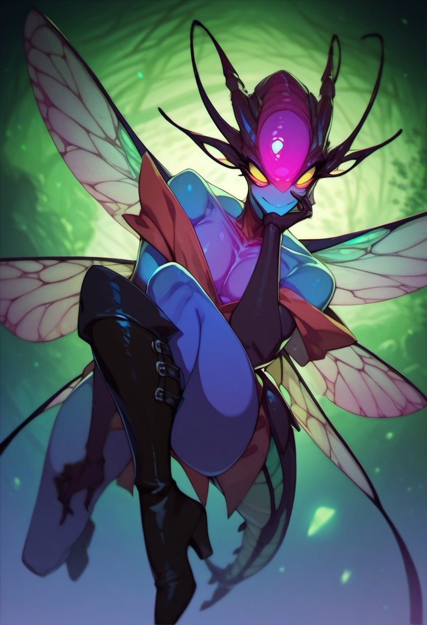 score_9, score_8_up, score_7_up, score_6_up, dark faerie, flying at night, beautiful face, heavy black boots, highly detailed, insect wings, monster boy, perfect eyes looking at viewer, cyan and magenta, colored skin,