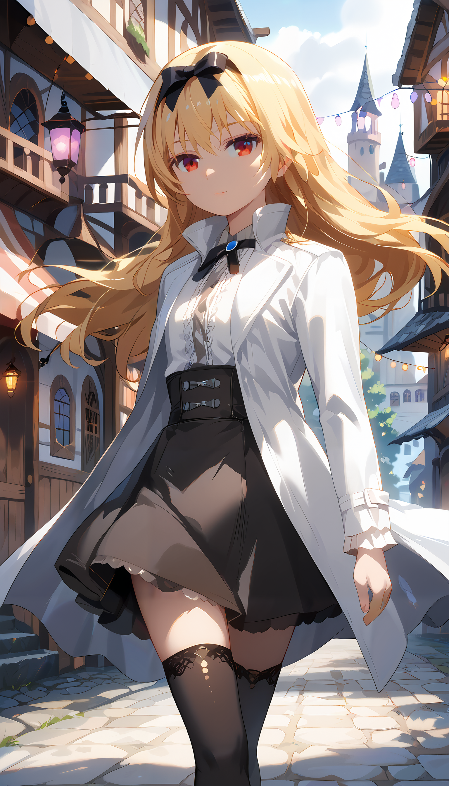 score_9, score_8_up, score_7_up,source_anime,Yue,hair flip,(tossing her hair,flipping her hair:1.4),confident pose,walking,hair swirling in wind, hair swirling in intricate patterns,White dress,White shirt, (black skirt), white coat, black thighhighs, black hairband, hairbow, neck ribbon, medieval town in background,detailed background,colorful lights,magnificent view,breathtaking scenery,8k,16k,Illustration,official artwork,wallpaper,official art