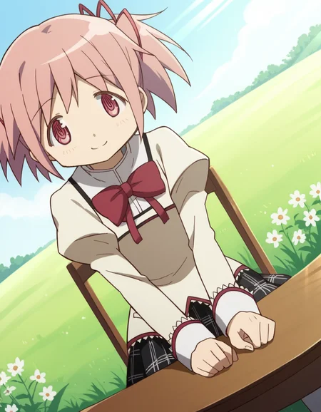 score_9, score_8_up, score_7_up, source_anime, <lora:madoka-kaname-s1-ponyxl-lora-nochekaiser:1>, madoka kaname, short hair, ribbon, twintails, hair ribbon, pink hair, pink eyes, short twintails,, skirt, school uniform, mitakihara school uniform, puffy sleeves, plaid skirt, pleated skirt, bowtie, red bowtie, meadow, grass, flowers, open, sunlight, smile, sitting, elbow rest, table,, looking at viewer, solo,, dutch angle, cowboy shot