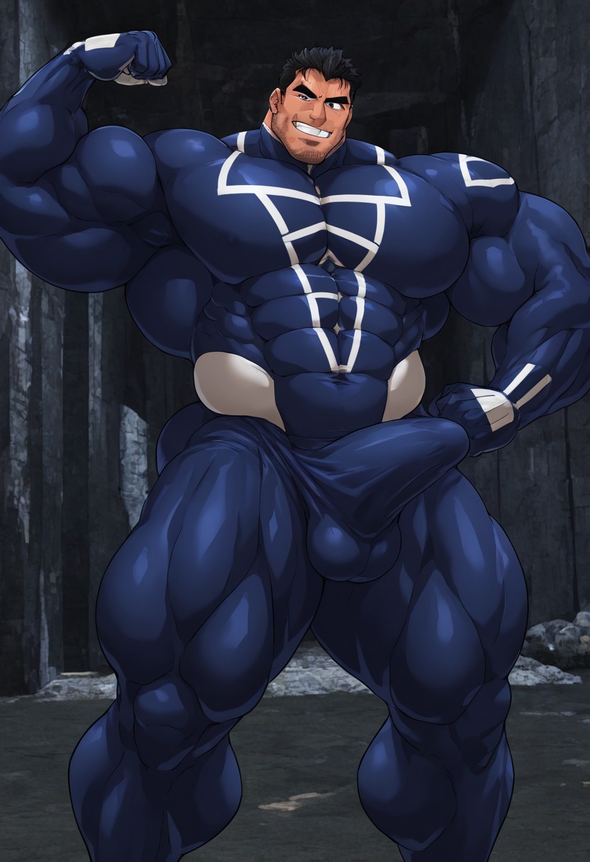 1boy, male focus, black eyes, solo, 1boy, male focus, bara, muscular,, big pecs, broad shoulders, thick thighs, detailed background, perfect anatomy, masterpiece, perfect quality, best quality, detailed eyes, detailed, newest, very aesthetic, Liftman, Blue Titan, blue bodysuit, skin tight, flexing arms, grin, erection under clothes