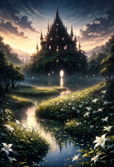 mm style detailed background,( mystical place, Calm landscape), amongst lush greenery, beautiful view, lily flower in full bloom, lily flower, early morning, sunrise sky, beautiful clouds, dappled sunlight, beautiful, Tranquil Lake, Walkway, petals dancing in the wind, depth of field, masterpiece, best quality, ultra-detailed, very aesthetic, illustration, perfect composition, intricate details, absurdres, moody lighting, wisps of light, no humans,