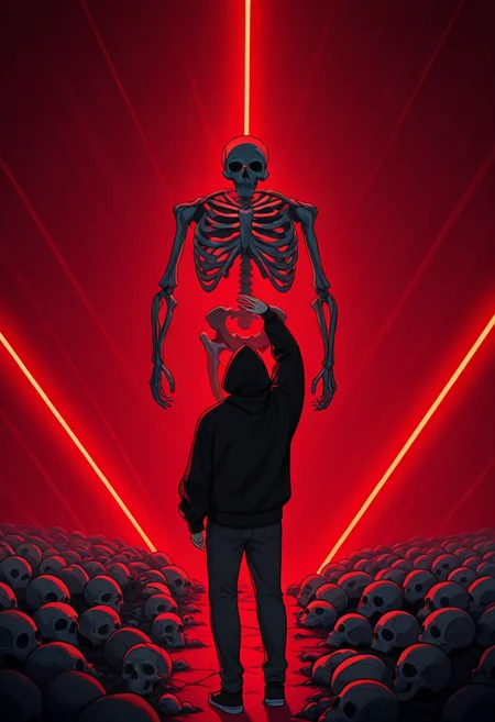 <lora:Lines_Light_Background_Illustration:1.0>, (lines_light_background:1.3), red background, black hoodie, back view, corpse, 1boy, standing, arm open, skulls on the floor