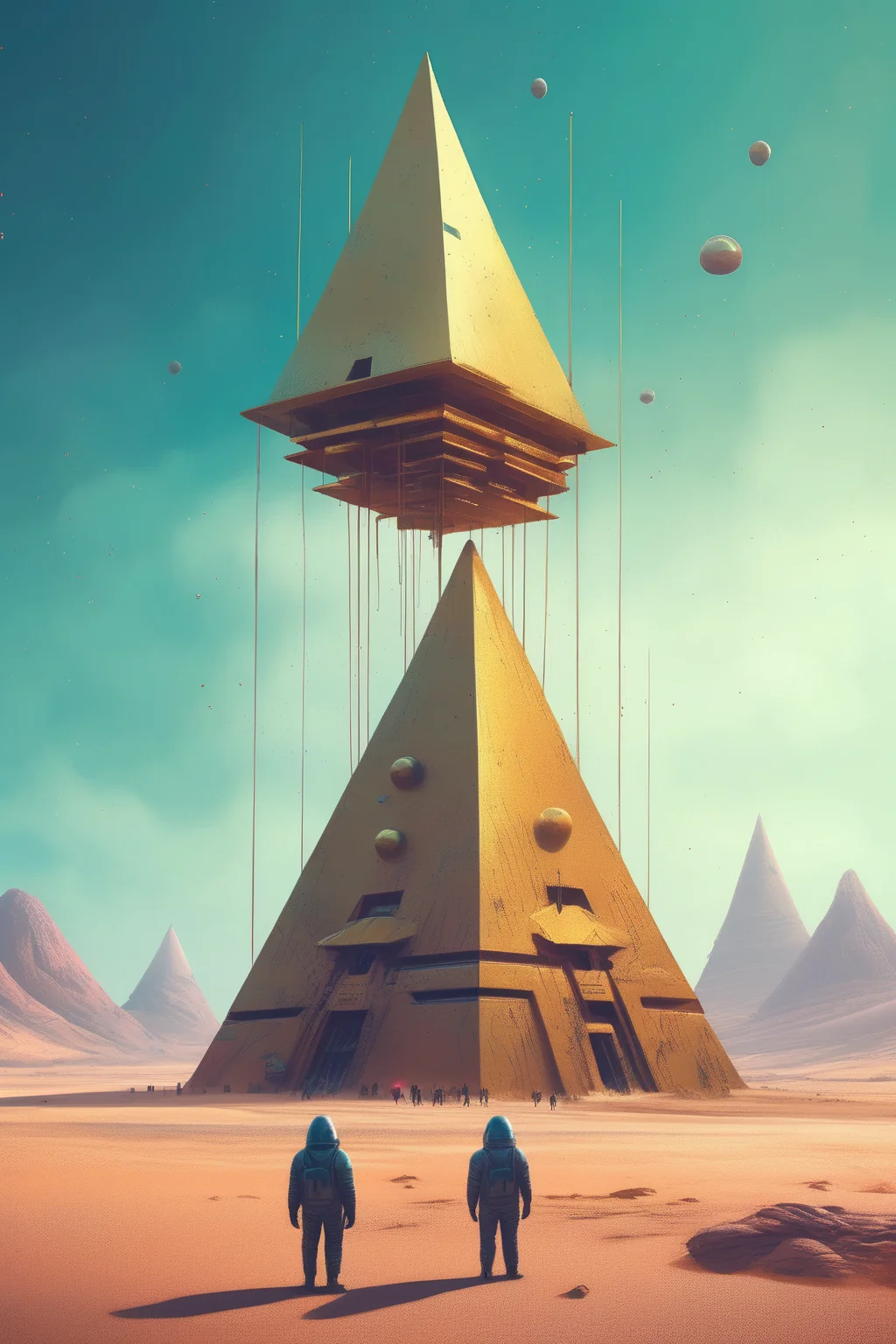 <lora:Beeple (Mike Winkelmann) Style:1>Beeple (Mike Winkelmann) Style - hyoer detailed artwork by simon stalenhag and Yoneyama Mai depicting a surreal image of a desert scene infused with alien, sci-fi elements. Envision towering abstract structure made of gold glowing ancient multi dimensional pyramids casting long shadows over the sand. Hyper detailed, cinematic, high resolution, Embrace the otherworldly